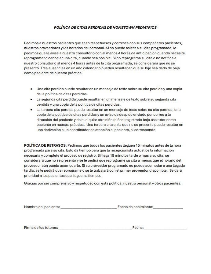 Missed Appointment Policy form preview